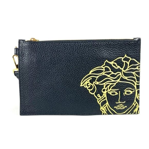 Versace Handbags - VERSACE pouch bag Logo Medusa With strap Clutch bag Leather Black/yellow